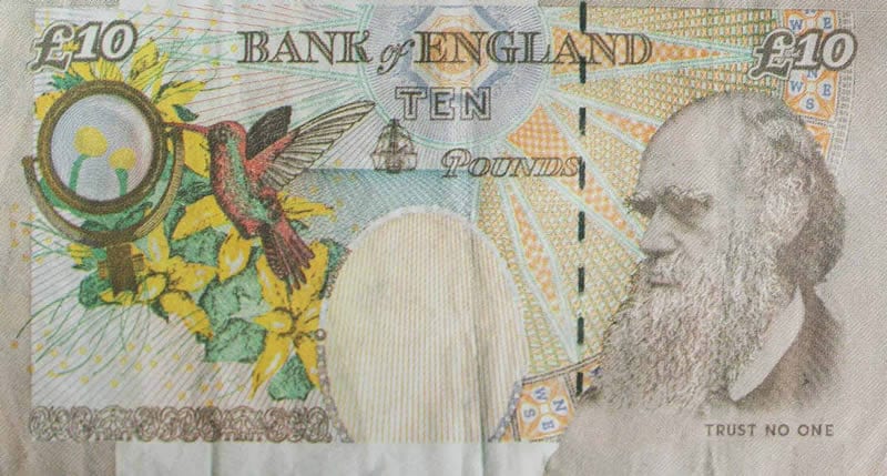 Di Faced Tenner, a Fake £10 Note by Banksy, Backside