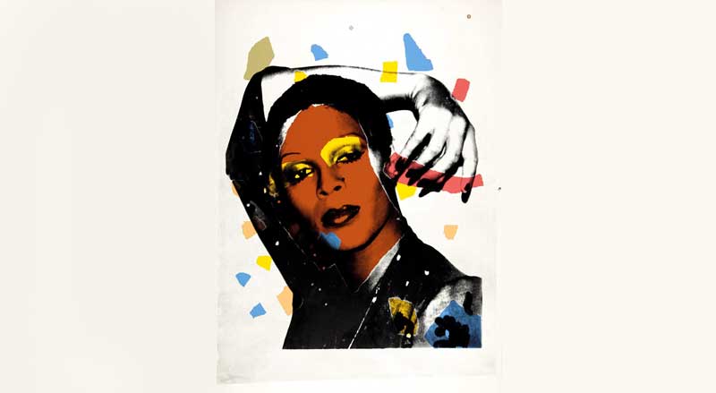 Andy Warhol’s vibrant portrait of a drag queen from the "Ladies and Gentlemen" series, showcasing expressive makeup and colorful abstract shapes.