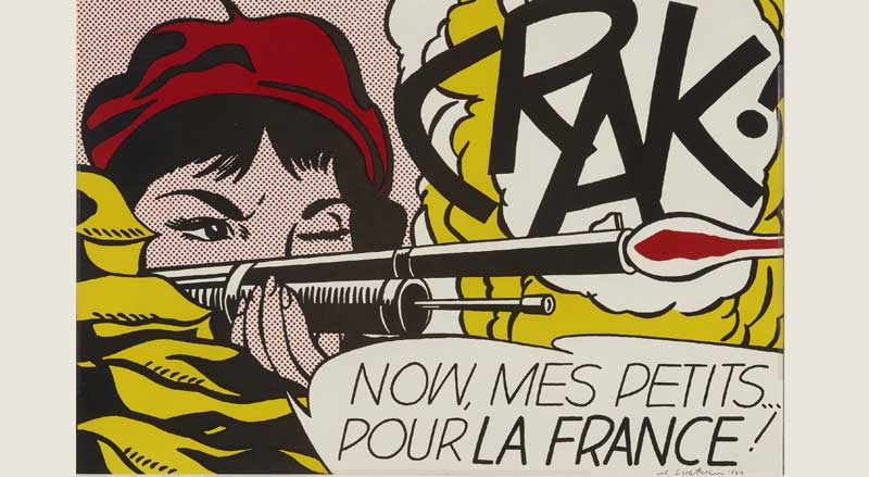 Pop art print by Roy Lichtenstein showing a woman in a red beret firing a rifle with dramatic comic-book style text.
