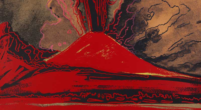 Andy Warhol limited edition print of a vivid red volcano erupting against a dark, smoky sky, showcasing Warhol’s bold pop art use of color and contrast.