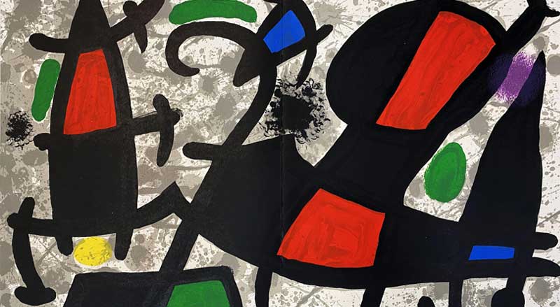 Joan Miró limited edition print with playful abstract shapes in black, red, green, blue, and yellow against a textured gray background.