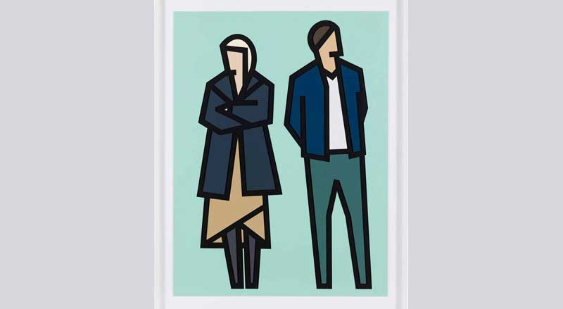 Julian Opie limited edition print of two stylized, block-colored figures outlined in black, a man and a woman standing against a light aqua background in Opie’s signature pop style.