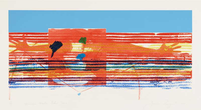 Abstract print with a vivid exploration of color and motion in modern mixed media.
