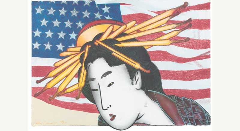 Modern print by Larry Rivers blending traditional ukiyo-e style with contemporary pop culture symbolism.