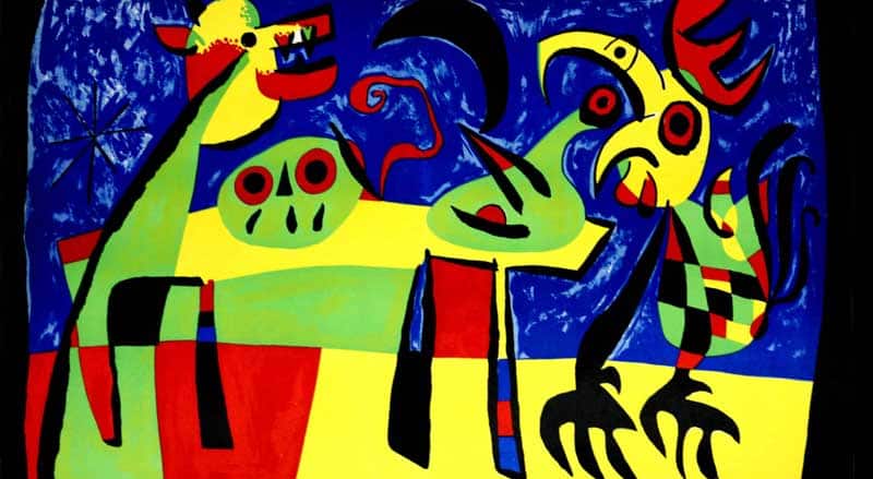 Surreal, brightly colored abstract scene by modern artist Joan Miro.