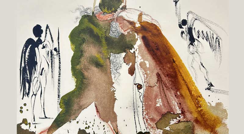 Limited edition painting by Salvador Dali depicting two figures embracing with angels in the background.