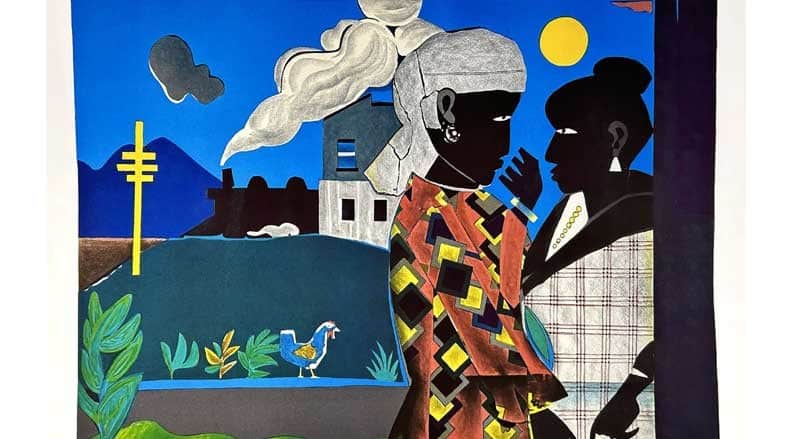 Romare Bearden limited edition print showing two figures in a colorful collage-style landscape.