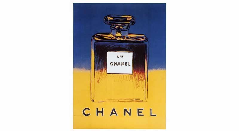 Andy Warhol Chanel No. 5 print featuring a perfume bottle in bold blue and yellow pop art style.
