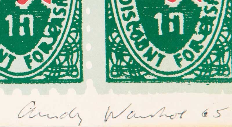 Close-up of Andy Warhol S&H Green Stamps print showing artist signature and stamp design.