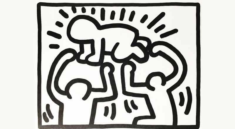 Keith Haring black and white line drawing of figures lifting a child, from the December–May Color It Yourself series.