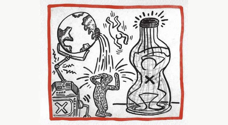 Keith Haring Untitled XIX from Against All Odds series, detailed black and white drawing with symbolic figures and bold red border.