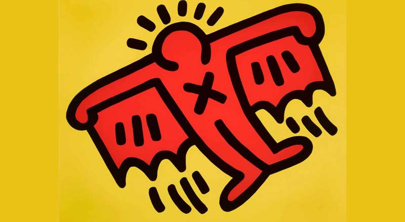 Keith Haring red flying figure artwork with bold black lines and yellow background, iconic pop art style.