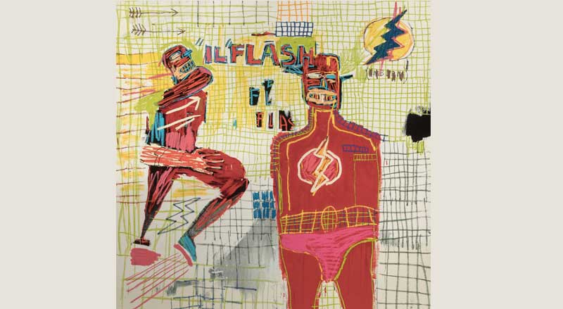 Jean-Michel Basquiat painting with expressive figures and graffiti-style markings, illustrating the raw energy of street art in contemporary fine art.