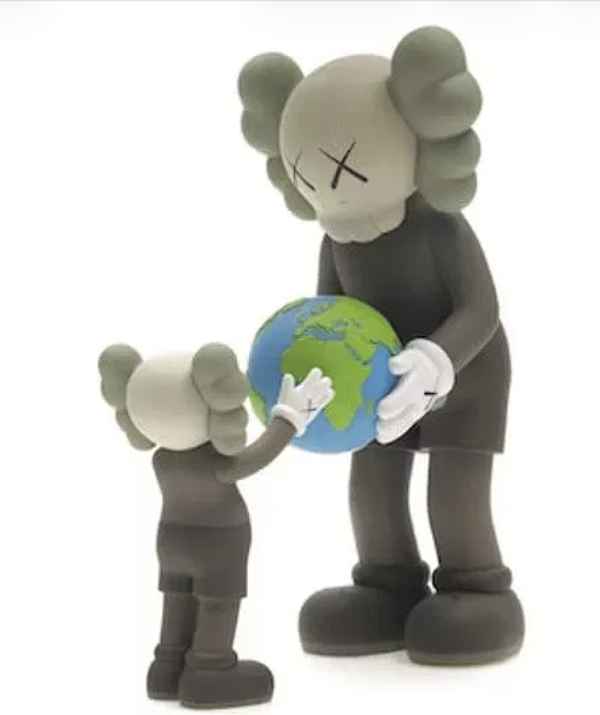 KAWS sculpture of two cartoon-like figures holding a globe, demonstrating the evolution of street art into collectible contemporary sculpture.
